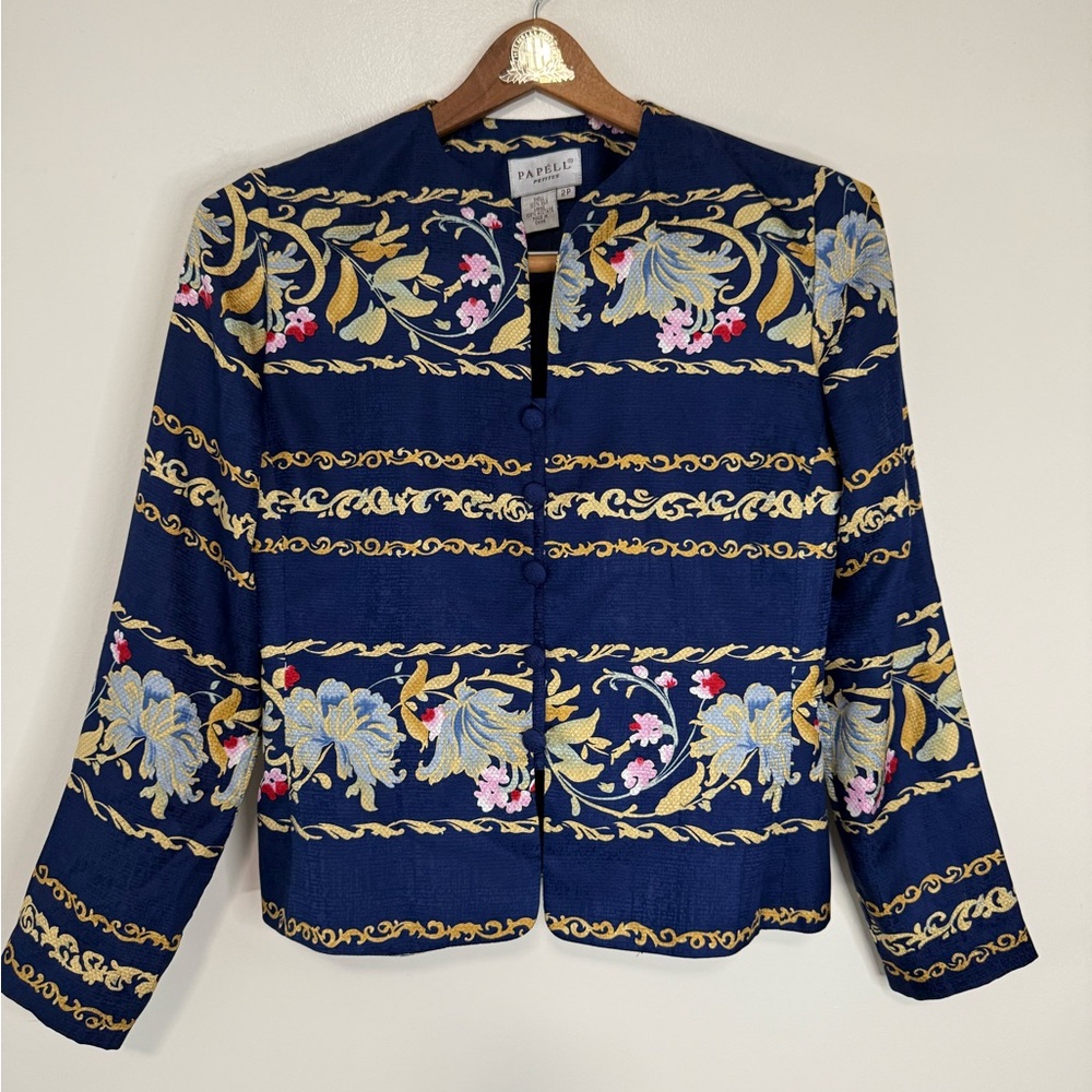 Papell Petites 100% Silk Women's Navy Print Jacket in size 2P vintage
